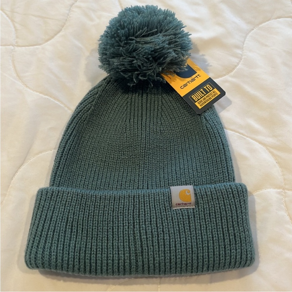 Cahartt Knit Pom Pom Cuffed Beanie Sea Pine Teal - Picture 2 of 5